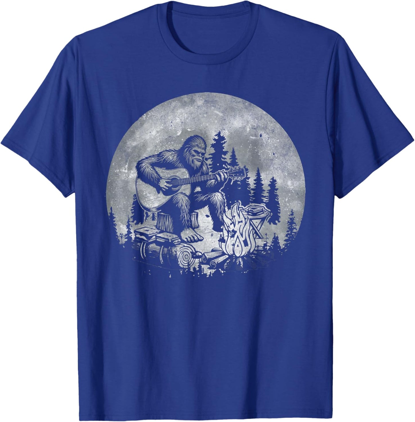 Rock Music Bigfoot Camping Full Moon Bigfoot Playing Guitar T-Shirt - T-Shirt | Royal