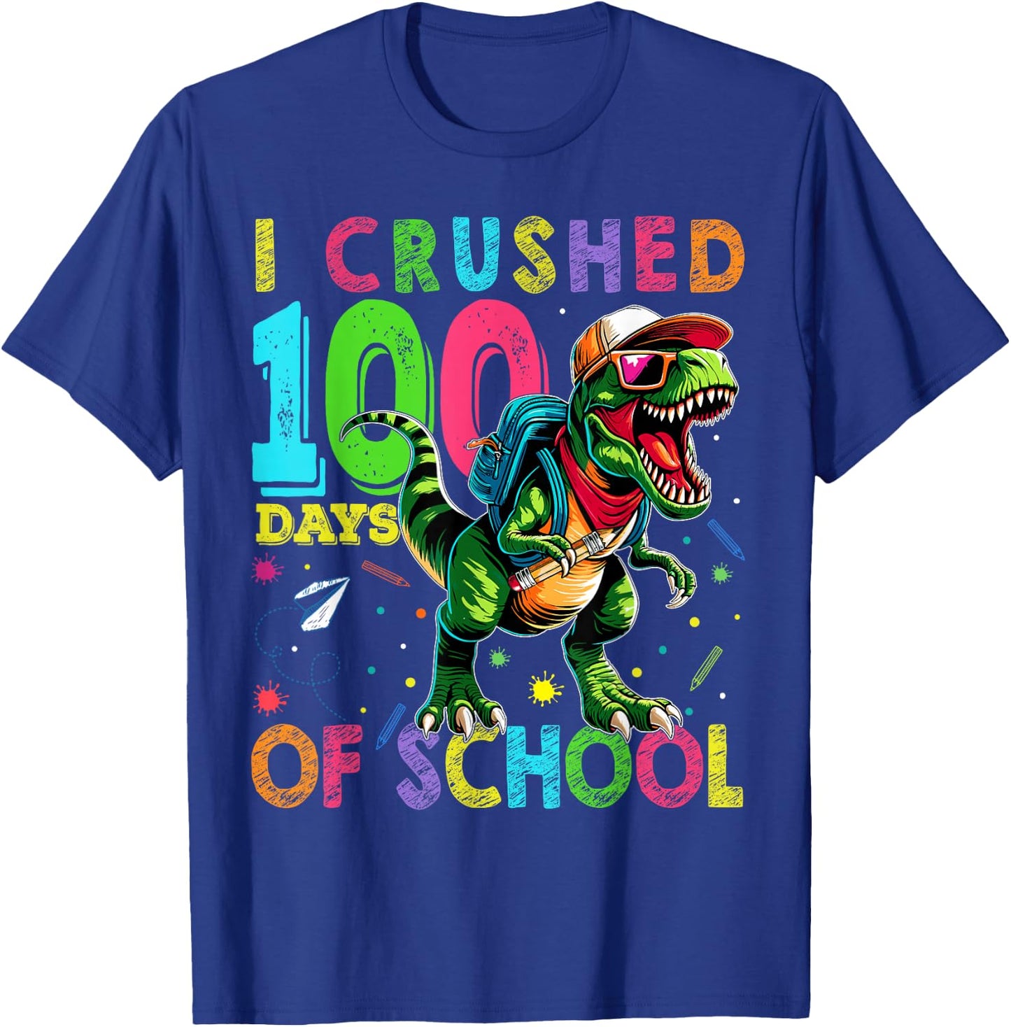 I Crushed 100 Days of School T Rex Dinosaur Teacher Boy Gift T-Shirt - T-Shirt | Royal