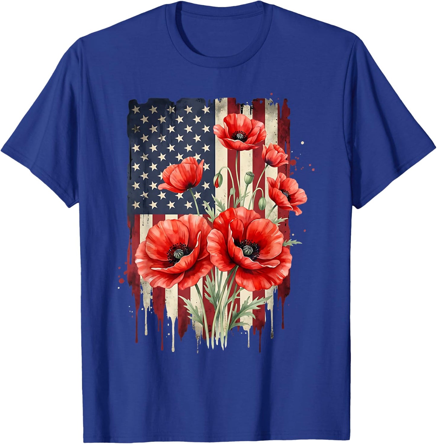 Vintage Red Poppy Flower American Flag 4th of July Poppies T-Shirt - T-Shirt | Royal