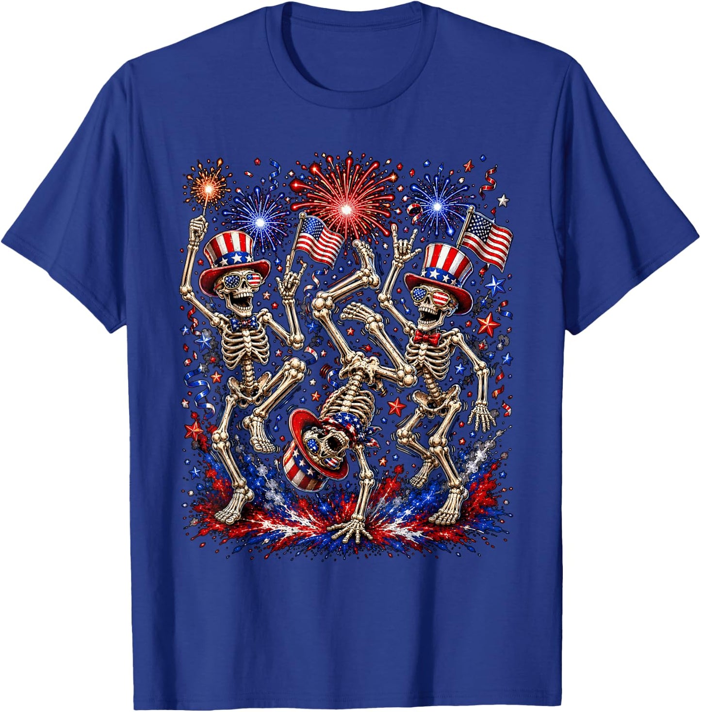USA Fireworks Patriotic Dancing Skeletons 4th of July Gothic T-Shirt - T-Shirt | Royal