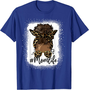 Mom Life Black Women Afro Messy Bun Leopard Mother's Day T-Shirt - T-Shirt | Royal