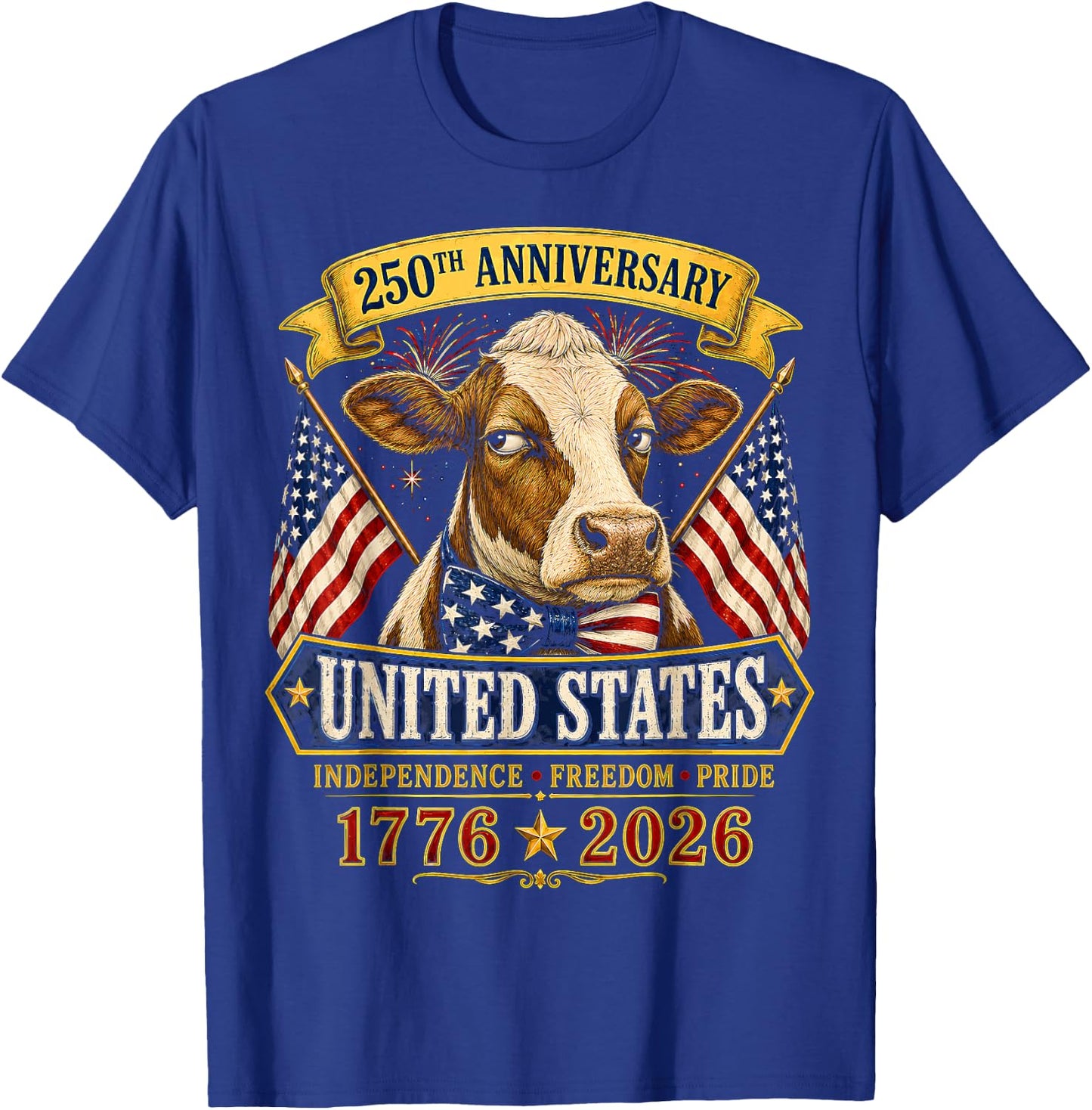 250 Years America Cow Patriotic USA 4th of July T-Shirt - T-Shirt | Royal