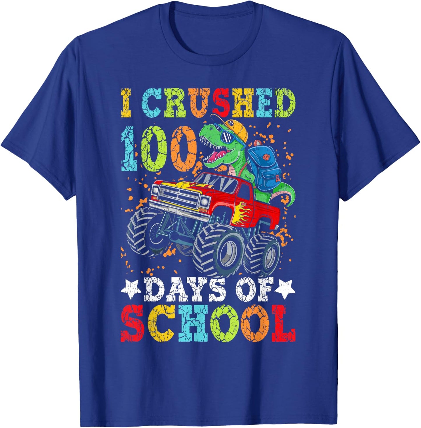 I Crushed 100 Days of School Dinosaur Monster Truck Boys T-Shirt - T-Shirt | Royal