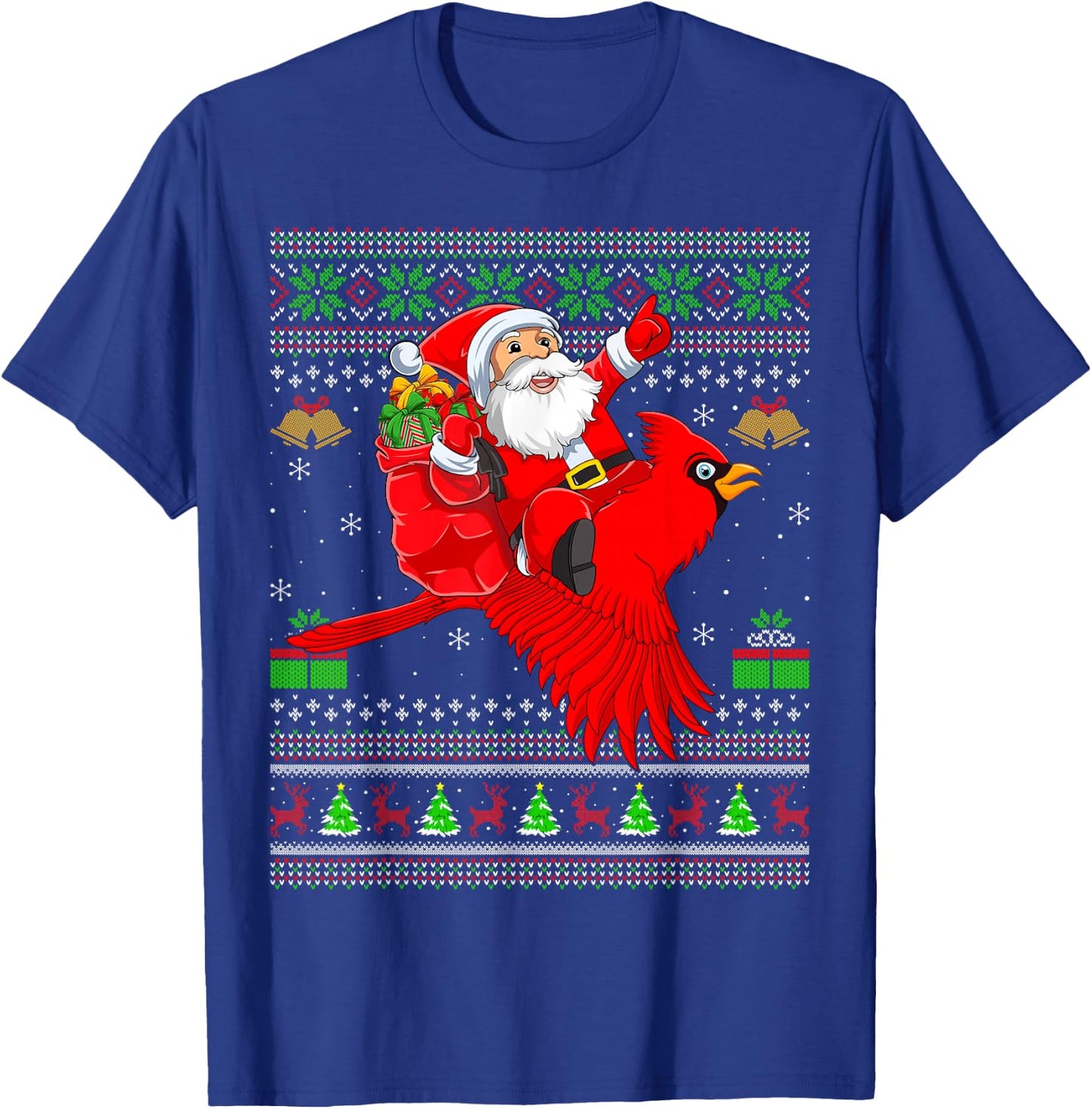 Ugly Xmas Sweater Funny Santa Riding Cardinal Bird Christmas T-Shirt - T-Shirt | Royal