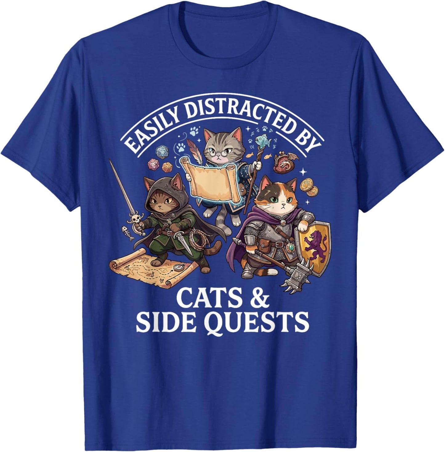 Easily Distracted by Cats Side Quests Funny Gamer RPG T-Shirt - T-Shirt | Royal