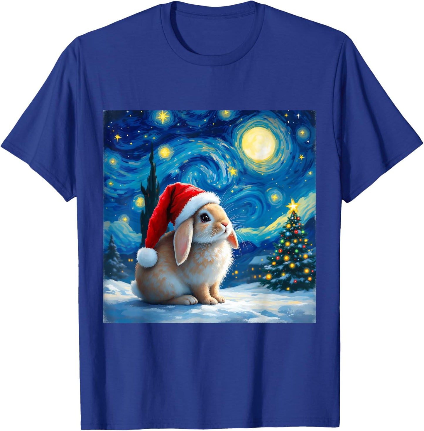 Christmas Rabbit Santa Hat Van Gogh Starry Night Holiday T-Shirt - T-Shirt | Royal