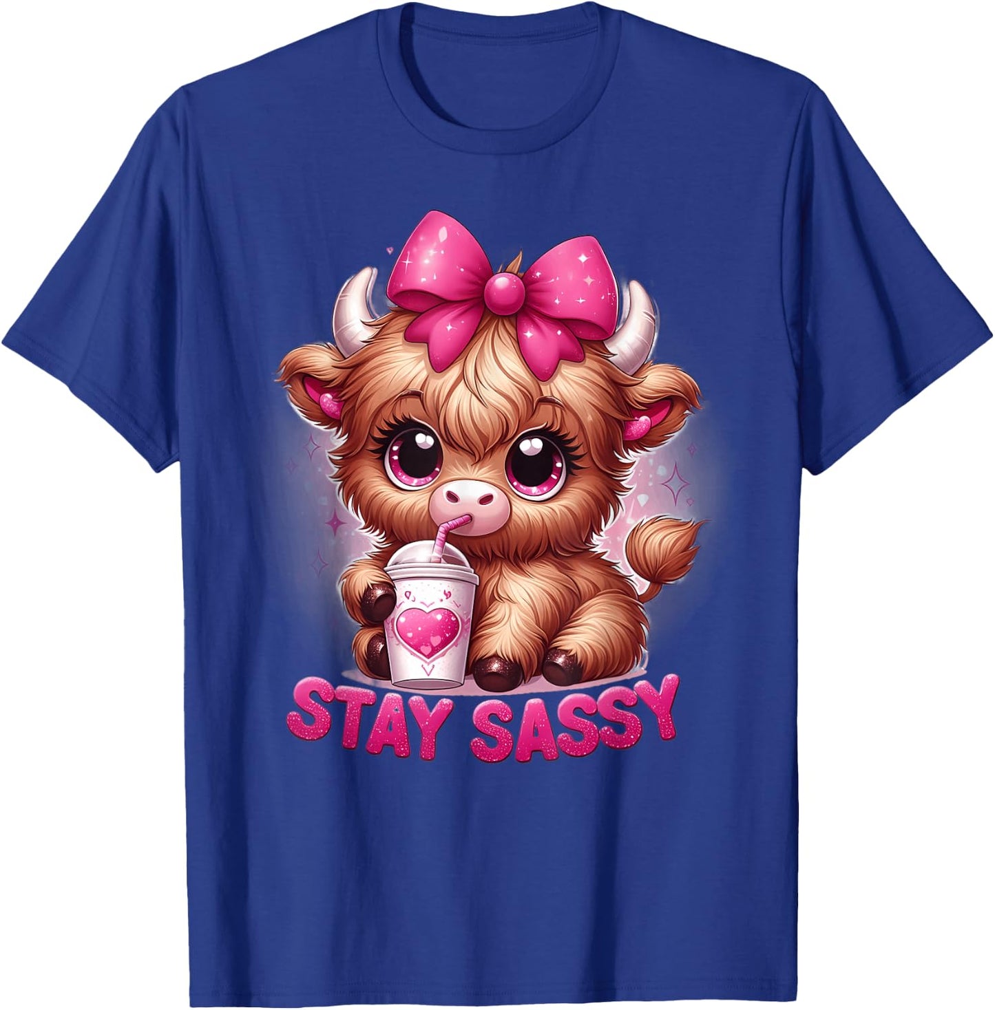 Baby Highland Cow Coffee Pink Bow Stay Sassy Girl Women's Cute T-Shirt - T-Shirt | Royal