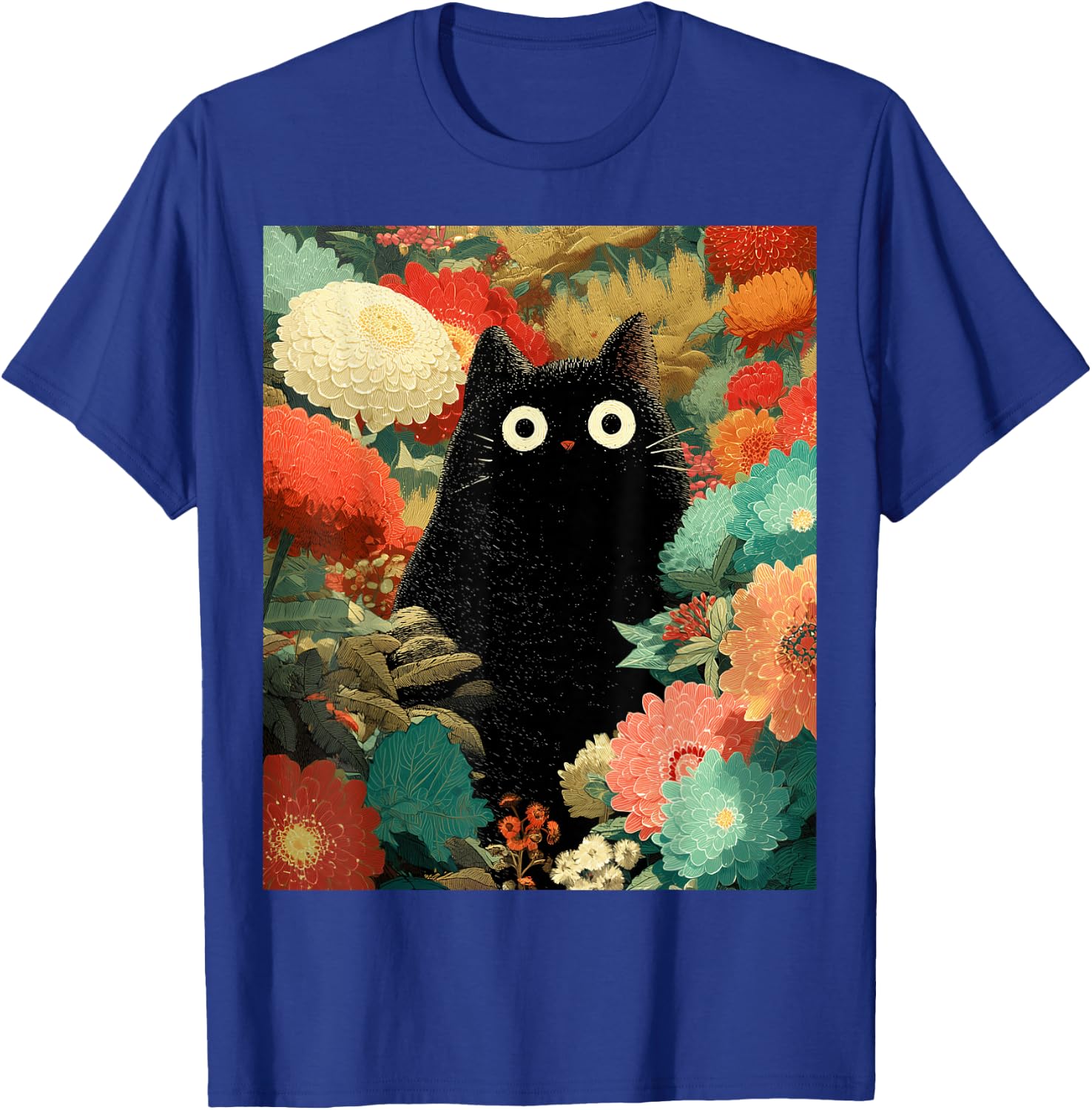 Japanische Schwarze Anime-Katze, Blumen, Sommer, Frühling, Herbst T-Shirt - T-Shirt | Royal