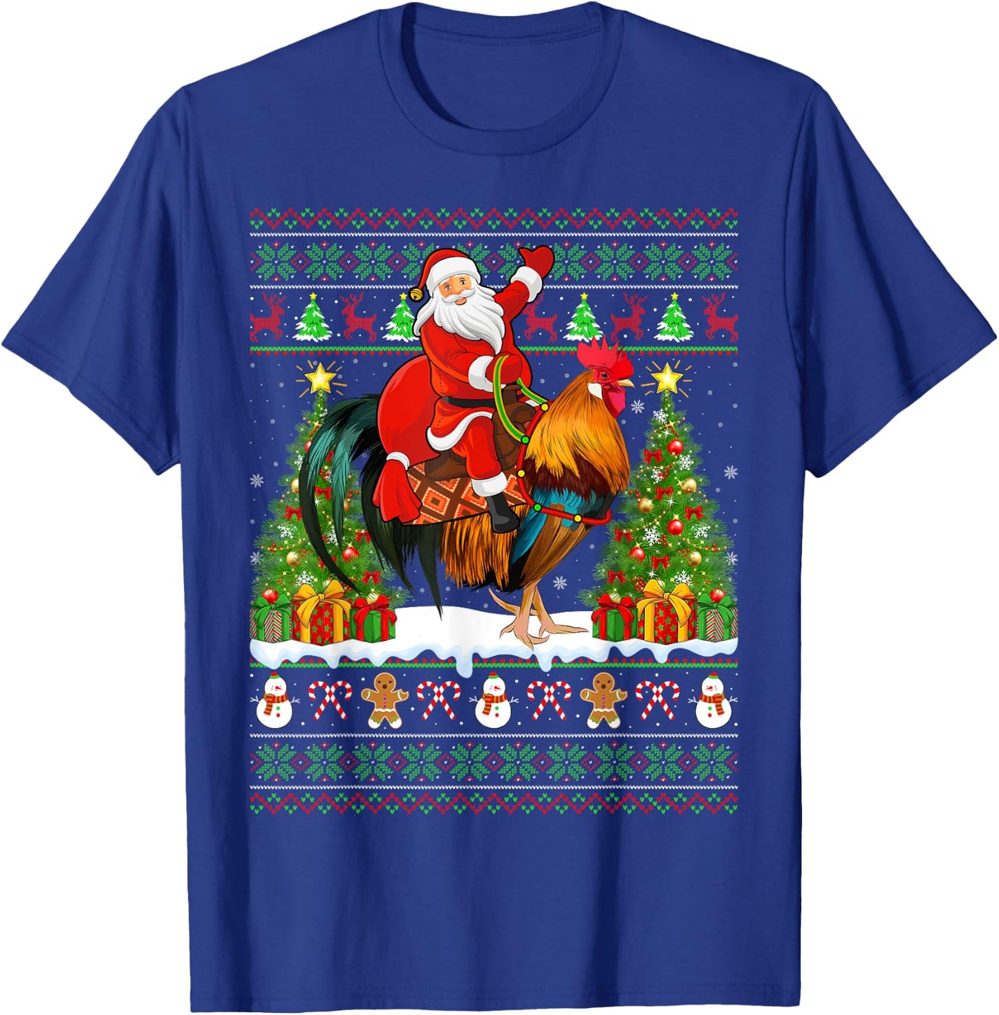 Rooster Bird Lover Funny Ugly Santa Riding Rooster Christmas T-Shirt - T-Shirt | Royal