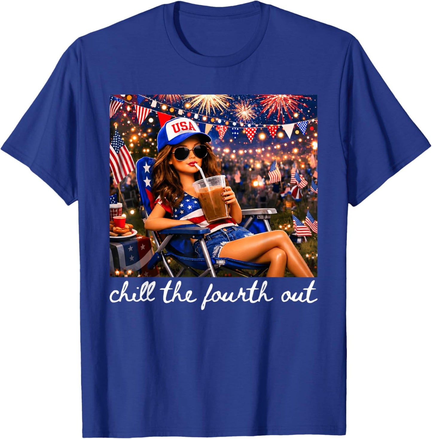 Chill The Fourth Out American Girl Fireworks 4th of July T-Shirt - T-Shirt | Royal