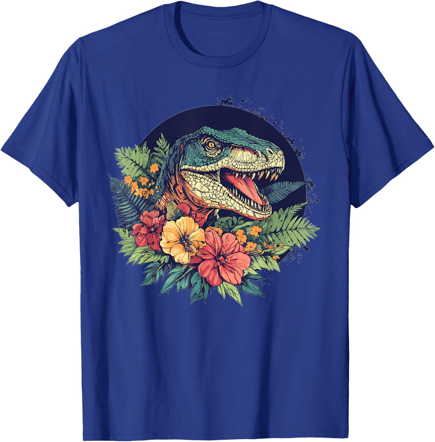 Dinosaur With Floral Background Artwork T-Shirt - T-Shirt | Royal
