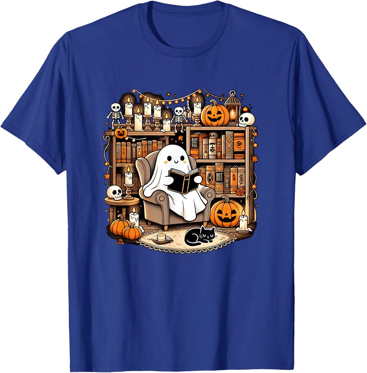 Vintage Ghost Reading Book Lovers Library Halloween Spooky T-Shirt - T-Shirt | Royal