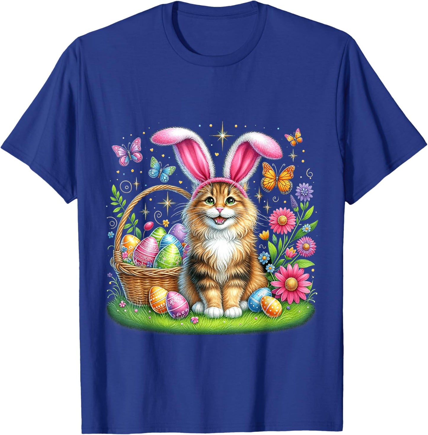 Happy Easter Cute Bunny Norwegian Forest Cat Easter Basket Women Girls Kids T-Shirt - T-Shirt | Royal