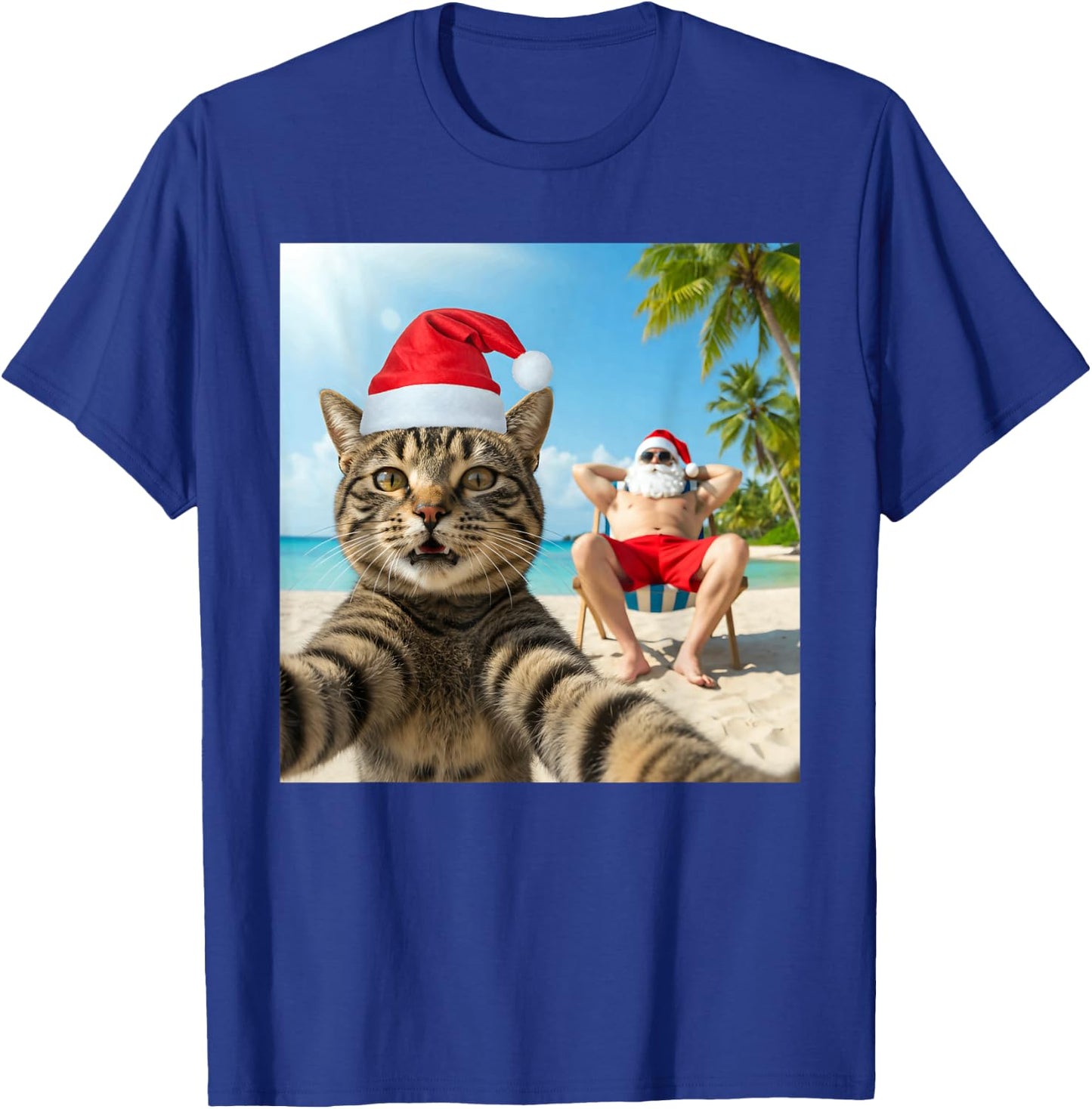 Christmas In July Cat Selfie With Santa Beach Summer Xmas T-Shirt - T-Shirt | Royal