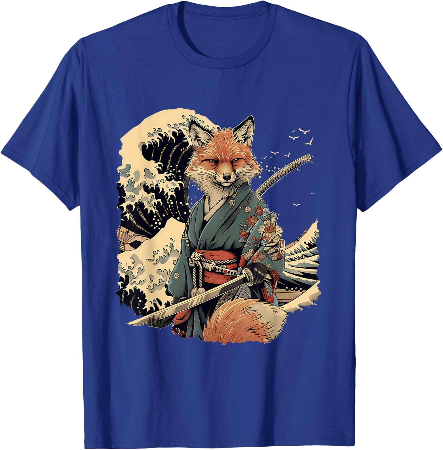 Samurai Fox Ninja Japanese Fox Warrior Ocean , Black, S T-Shirt - T-Shirt | Royal