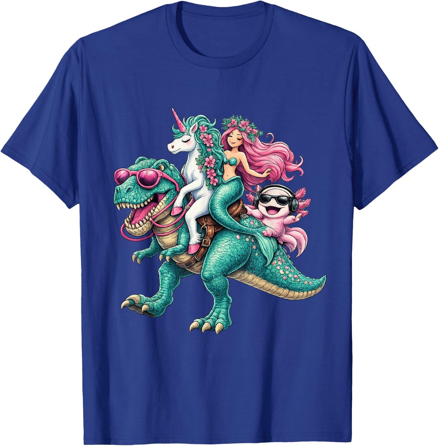 Mermaid Unicorn Axolotl Riding Dinosaur Granddaughter Niece T-Shirt - T-Shirt | Royal