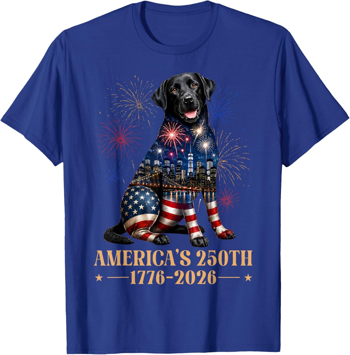 Fireworks 4th of July American Flag Patriotic Black Lab Dog T-Shirt - T-Shirt | Royal