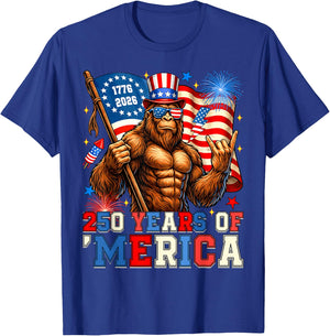 Bigfoot Merica Rock 250 Years American 1776 2026 4th of July T-Shirt - T-Shirt | Royal