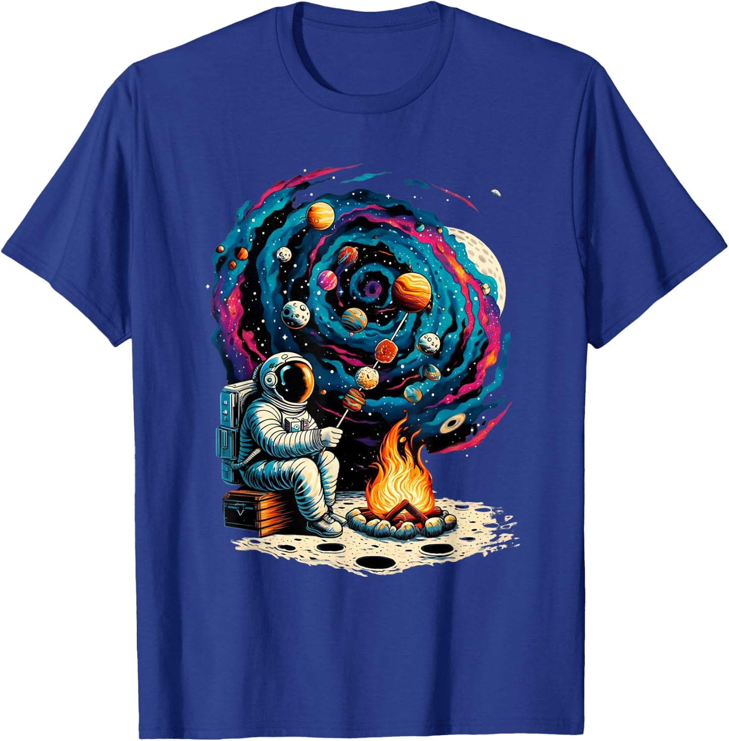 Interstellar Adventure Art & Apparel Funny Astronaut Roasting Marshmallows Camping with Planets , Small, Black T-Shirt - T-Shirt | Royal
