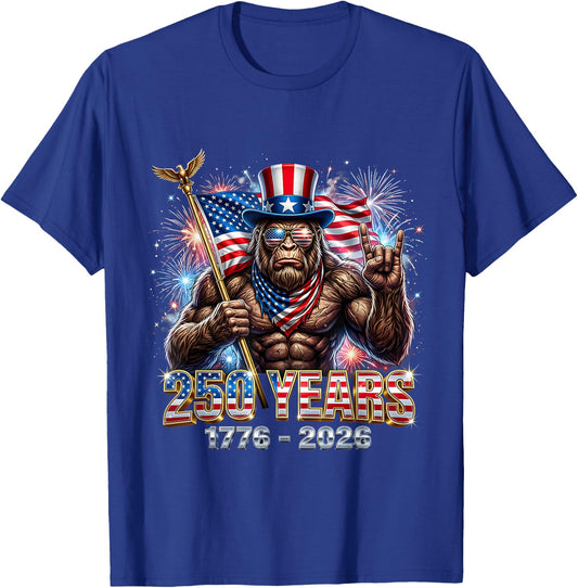 250 Years 1776 2026 Patriotic Bigfoot USA Celebration T-Shirt - T-Shirt | Royal