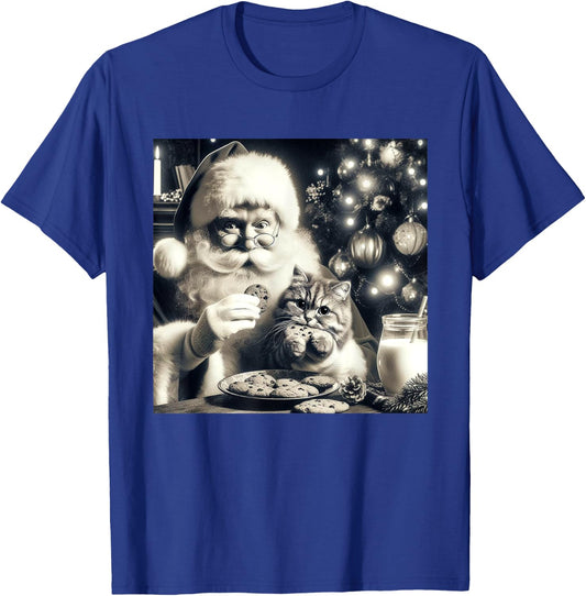 Vintage Cat Santa Photo Eating Cookies And Milk Christmas Men Women T-Shirt - T-Shirt | Royal