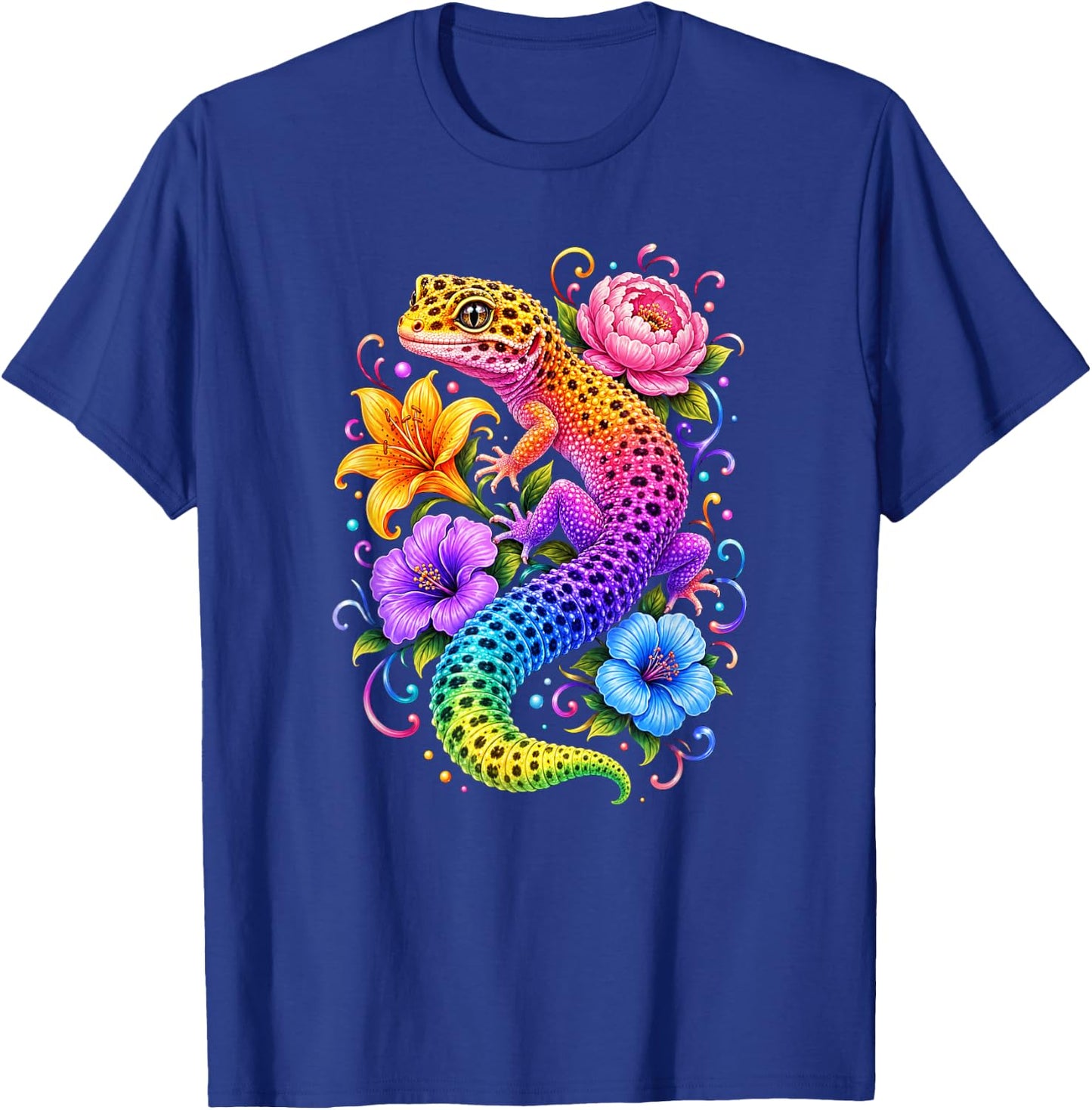 Colorful Cute Leopard Gecko Flowers Rainbow Women Girls Kids T-Shirt - T-Shirt | Royal