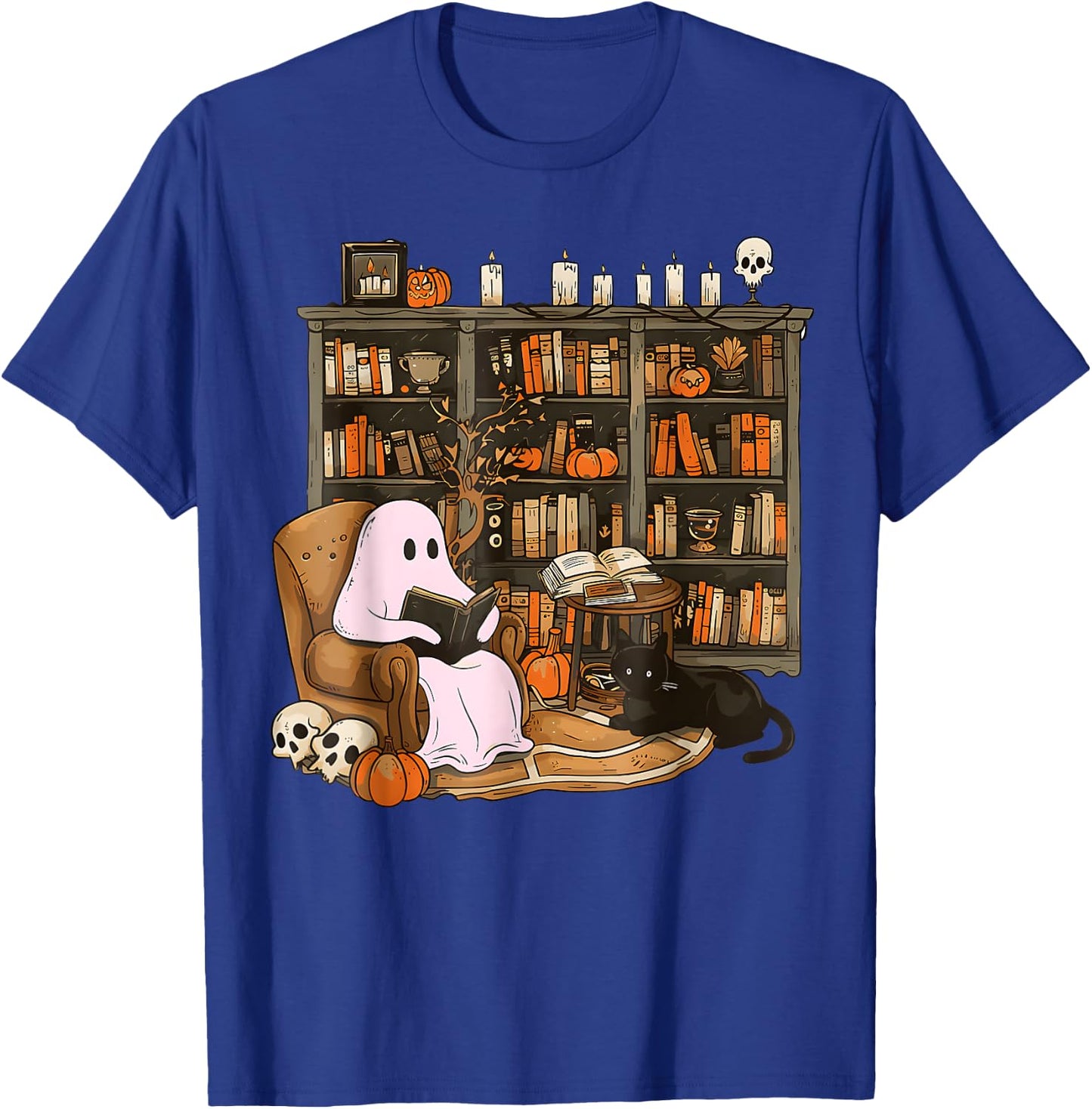 Vintage Ghost Book Reading Pumpkin Gothic Halloween Teachers T-Shirt - T-Shirt | Royal