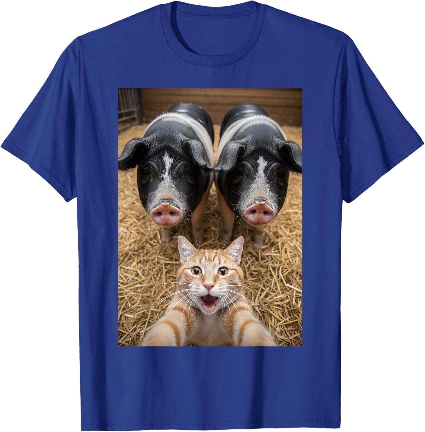 Funny Cat Selfie with Pigs Design – Cute Animal Pig Lovers T-Shirt - T-Shirt | Royal