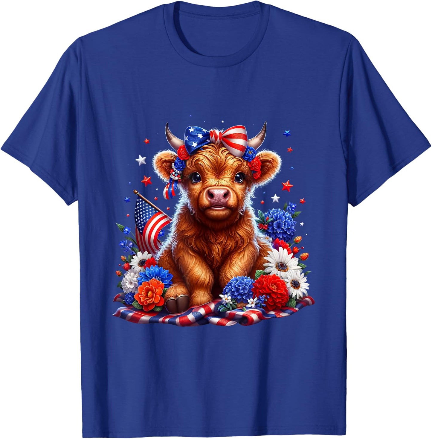 Floral Animal Vibes Patriotic Highland Cow USA 4th of July T-Shirt - T-Shirt | Royal