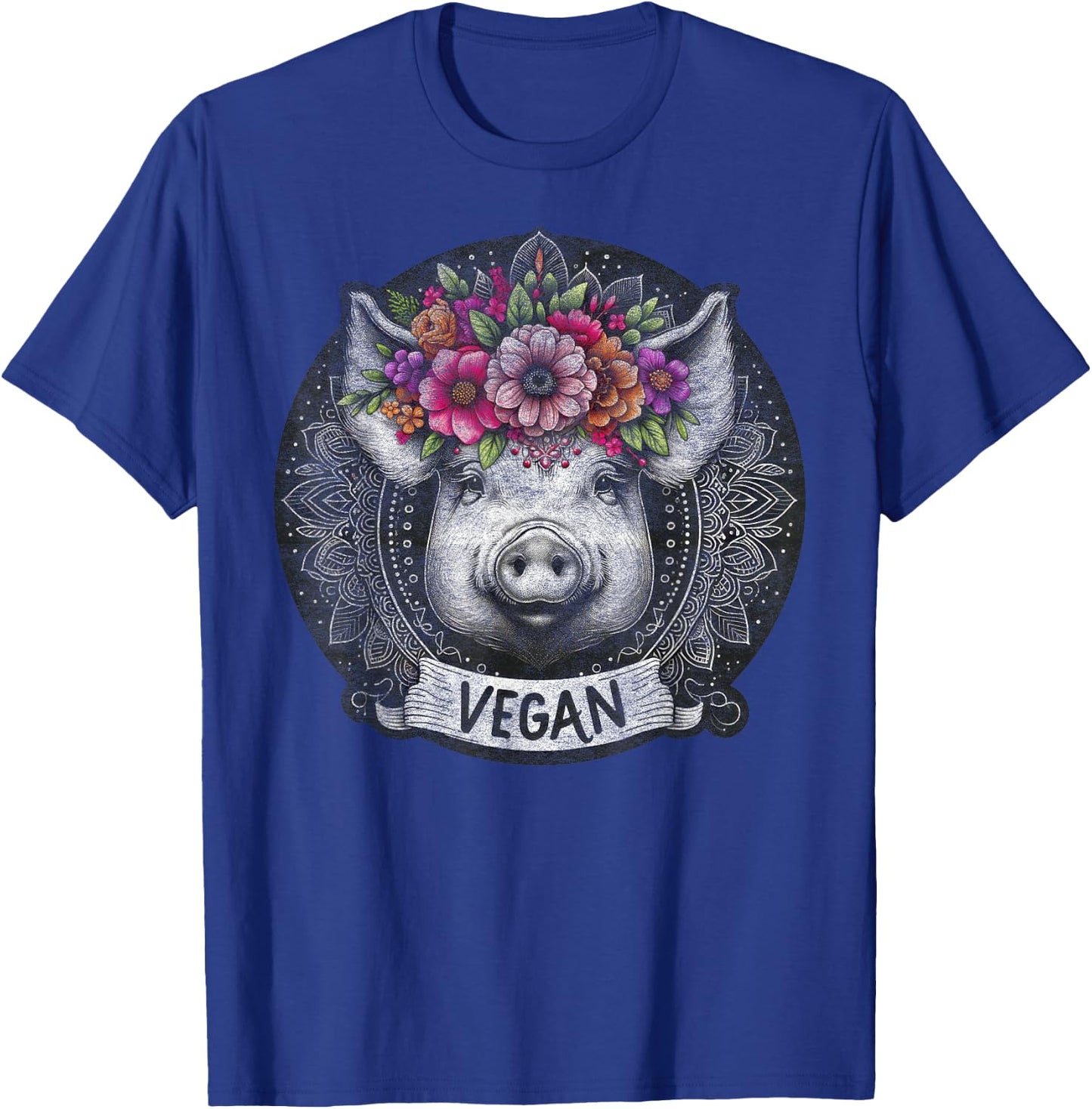 Pig with Flowers Vegan Retro – Boho Hippie Cute T-Shirt - T-Shirt | Royal
