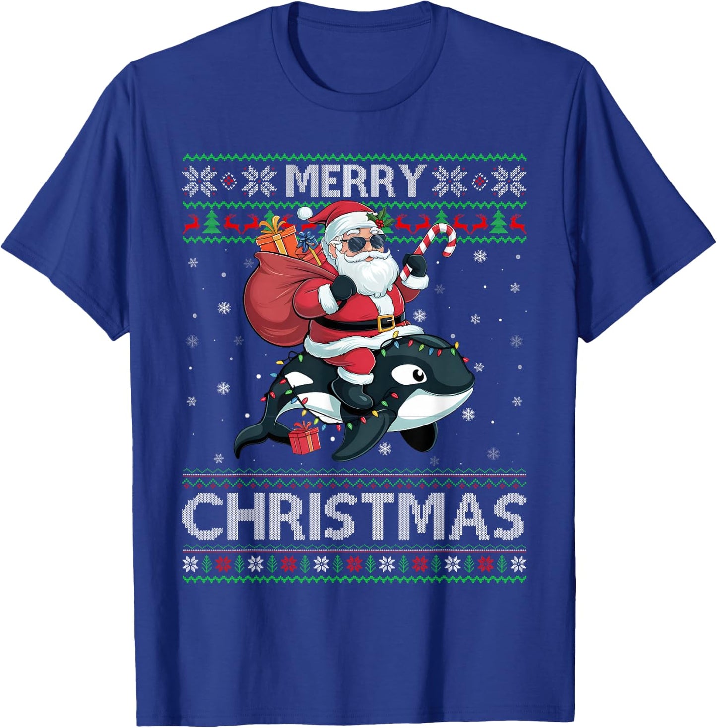 Ugly Xmas Sweater Style Santa Riding Orca Christmas T-Shirt - T-Shirt | Royal