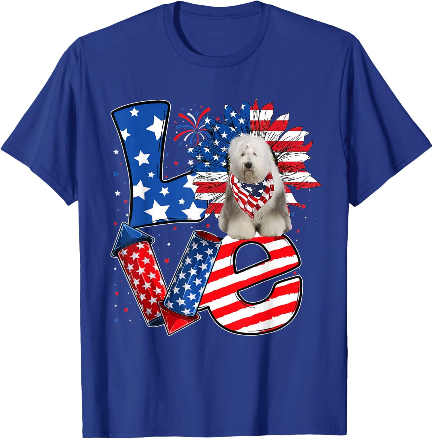 4th of July Decor Patriotic LOVE Old English Sheepdog Dog T-Shirt - T-Shirt | Royal