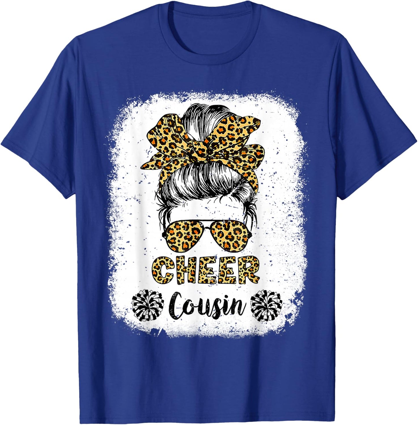 Cheer Cousin Leopard Messy Bun Cheerleader Bleached T-Shirt - T-Shirt | Royal