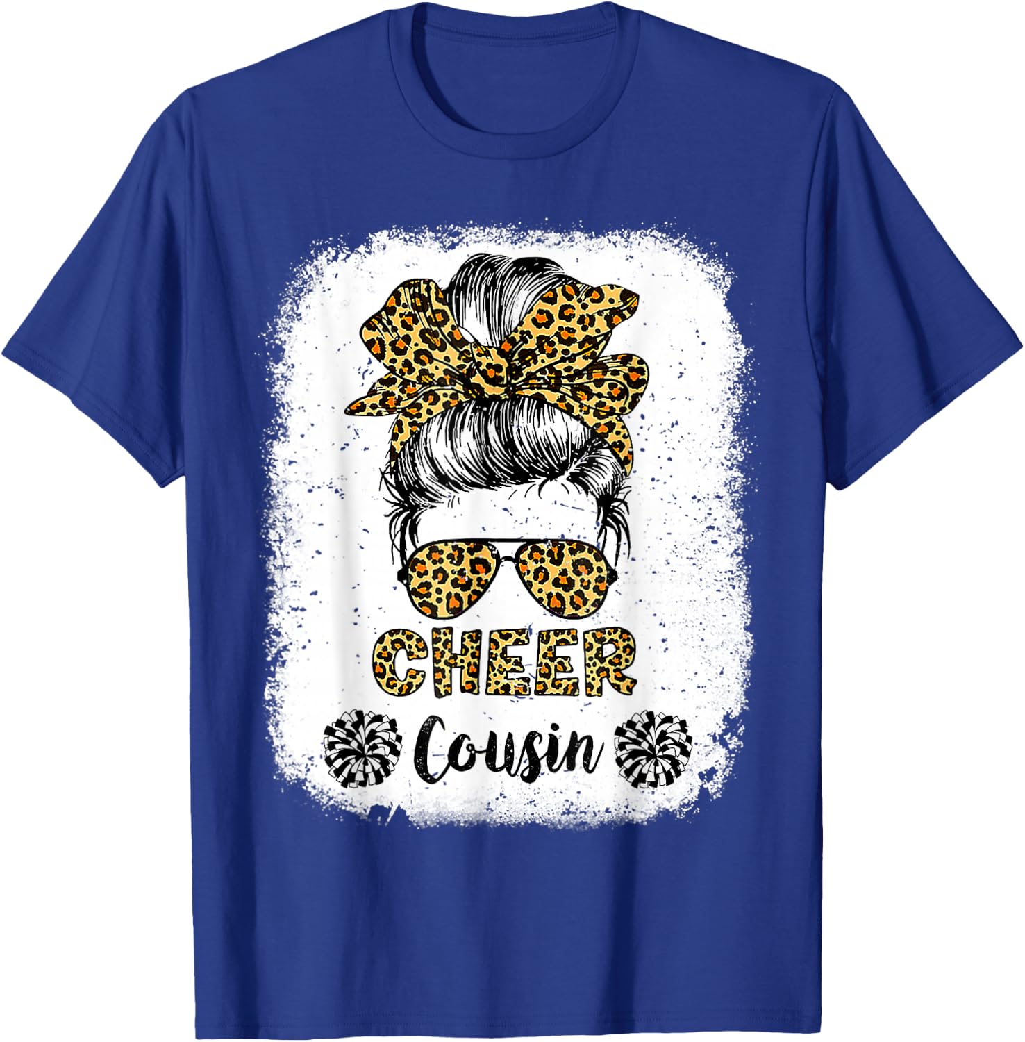 Cheer Cousin Leopard Messy Bun Cheerleader Bleached T-Shirt - T-Shirt | Royal