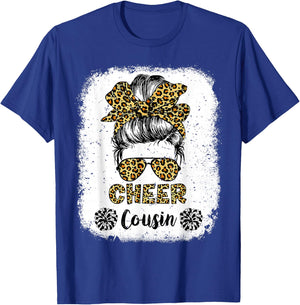 Cheer Cousin Leopard Messy Bun Cheerleader Bleached T-Shirt - T-Shirt | Royal