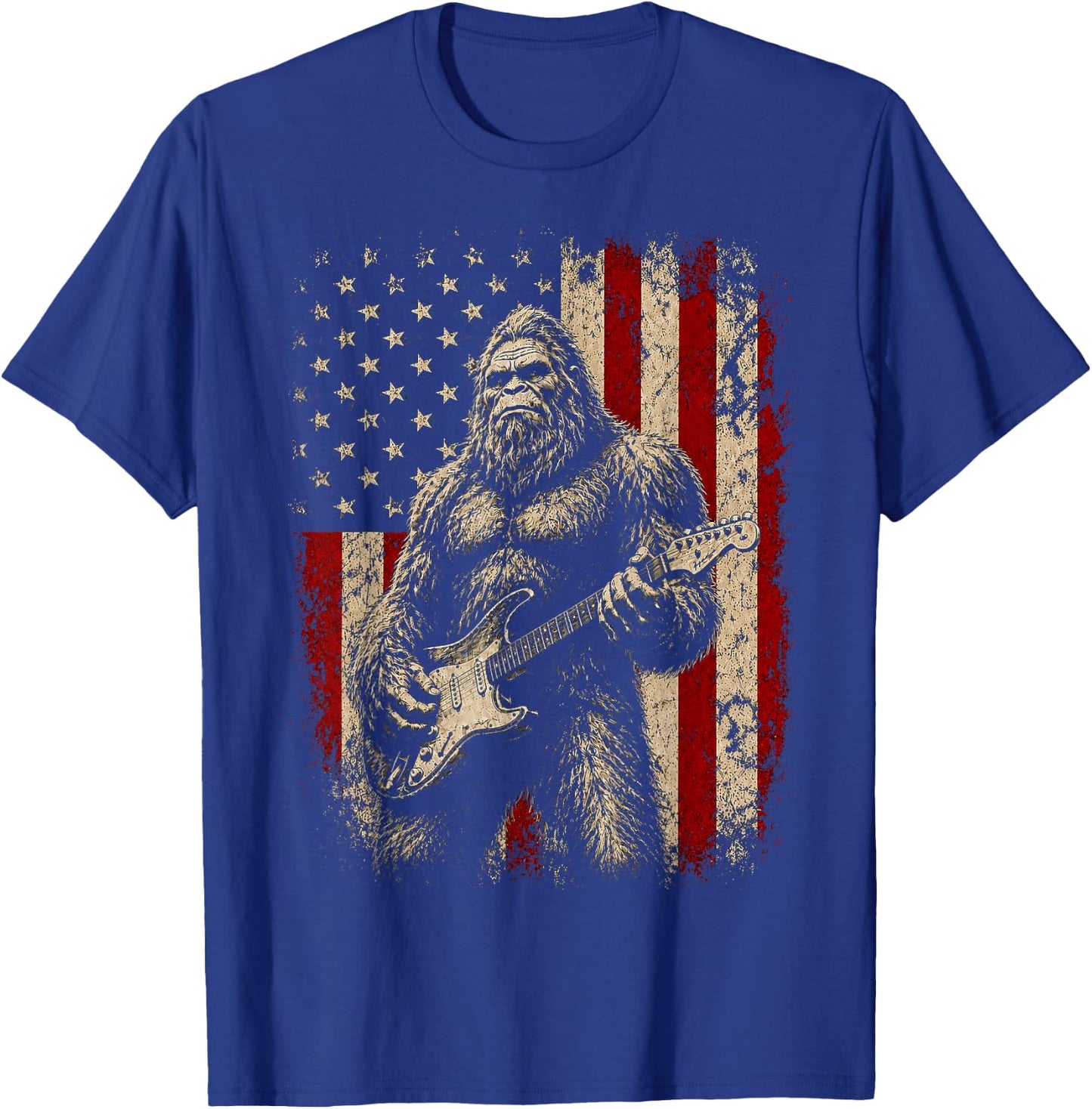 Bigfoot Sasquatch Playing Guitar 4th July American USA Flag T-Shirt - T-Shirt | Royal