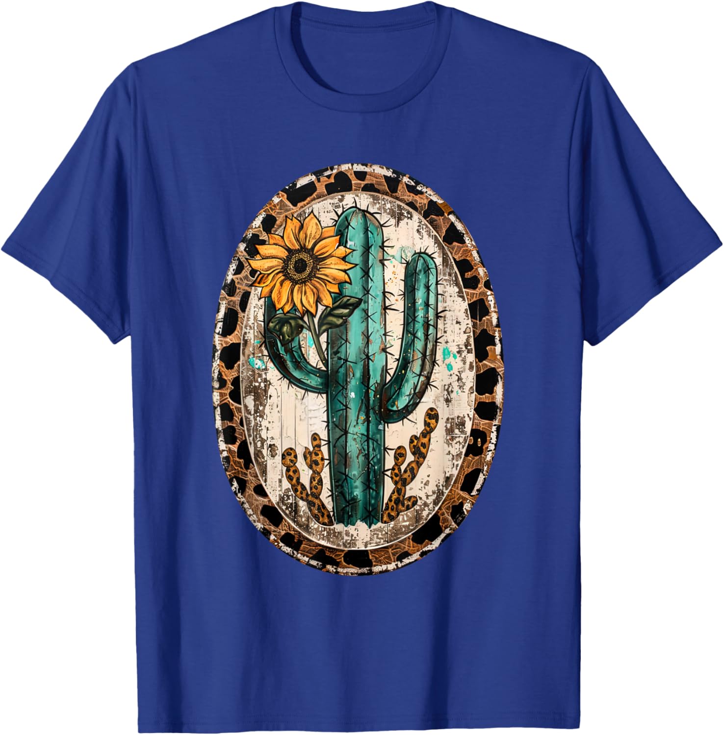 Vintage Western Turquoise Teal Cactus Sunflower Leopard T-Shirt - T-Shirt | Royal