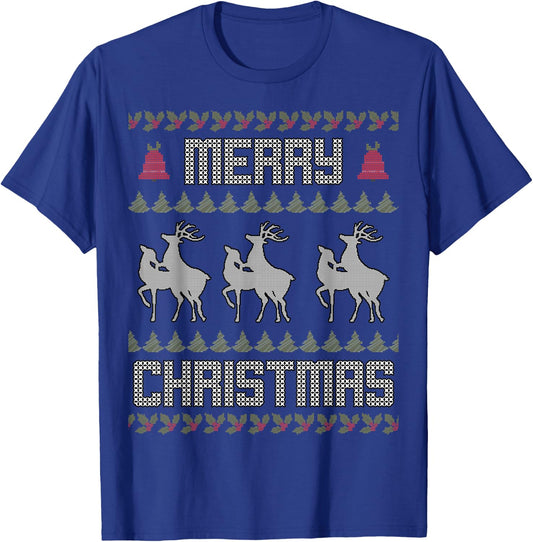 Merry Christmas Deers Humping Funny Holiday Reindeer T-Shirt - T-Shirt | Royal