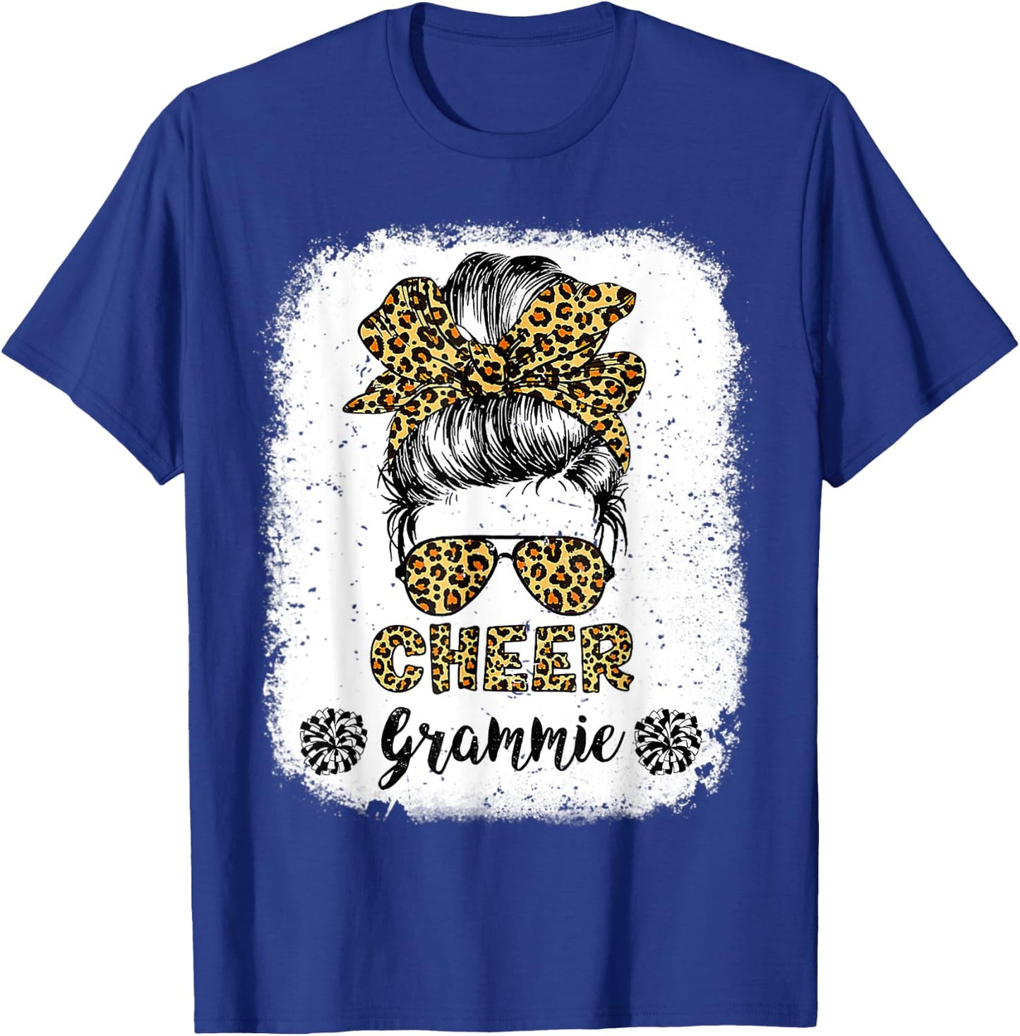 Cheer Grammie Leopard Messy Bun Cheerleader Bleached T-Shirt - T-Shirt | Royal