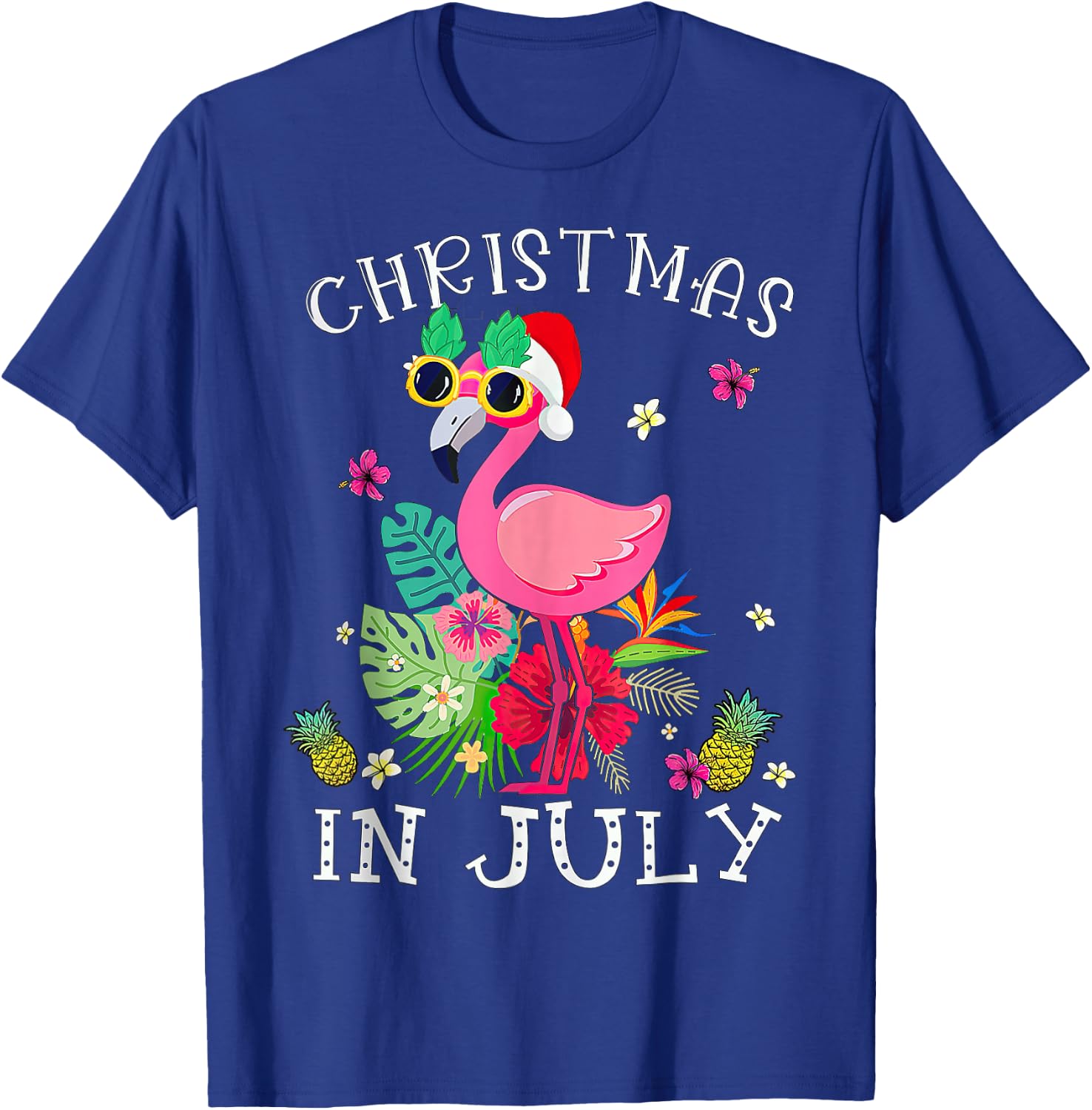 Christmas in July Pink Flamingo Hawaii T-Shirt - T-Shirt | Royal