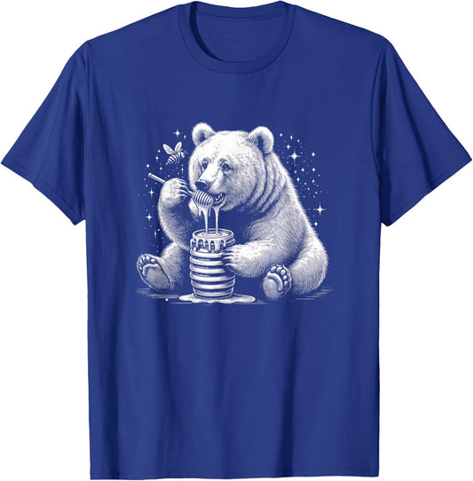Cute Bear Eating Honey With Bee Graphic Art Design T-Shirt - T-Shirt | Royal