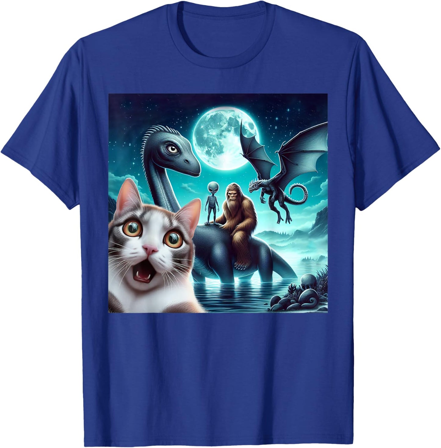 Cat Selfie with bigfoot alien UFO loch Ness monster dragon T-Shirt - T-Shirt | Royal
