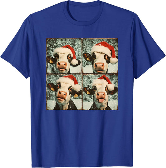 Love Cows Xmas Cow Lover Black Small Winter Graphic Animal Cartoon Short Sleeve Festive Unique Festive Graphic Design with Cow in Santa Hat T-Shirt - T-Shirt | Royal
