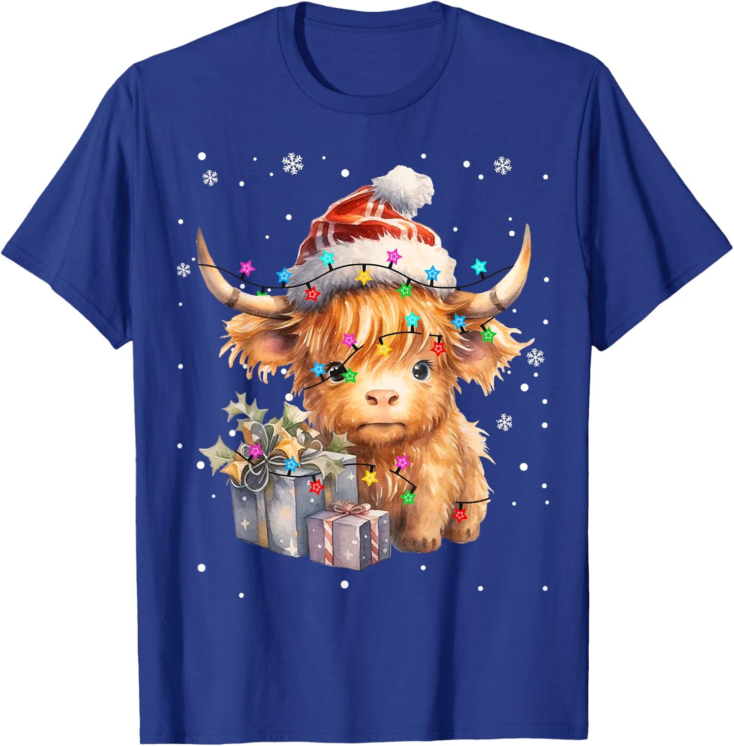 Cute Highland Cow Christmas Lights Merry Xmas Cows Farmer PJ T-Shirt - T-Shirt | Royal