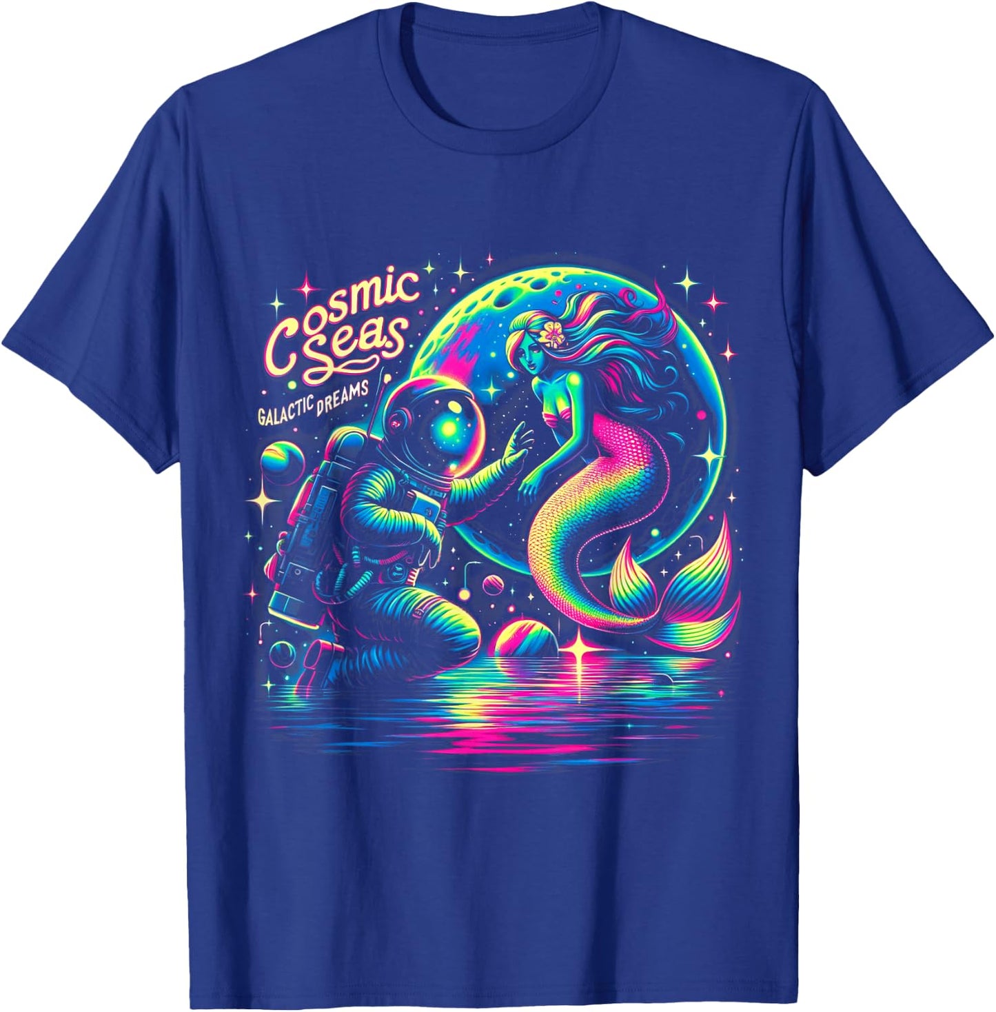 Cosmic Encounter - Astronaut Meets Space Mermaid Psychedelic T-Shirt - T-Shirt | Royal