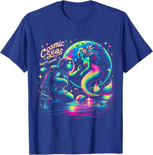 Cosmic Encounter - Astronaut Meets Space Mermaid Psychedelic T-Shirt - T-Shirt | Royal