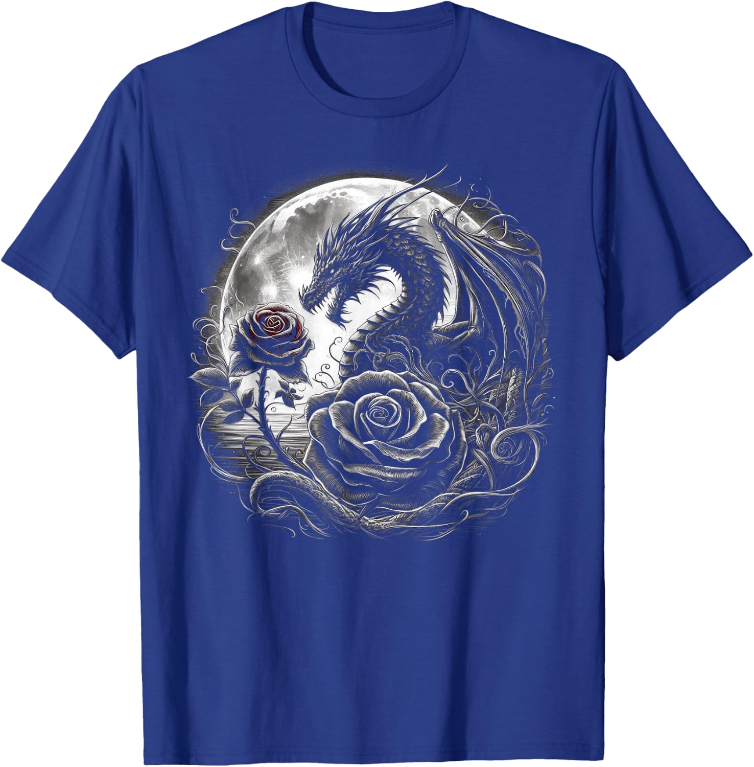 Dragon With Roses And Full Moon Dark Art T-Shirt - T-Shirt | Royal