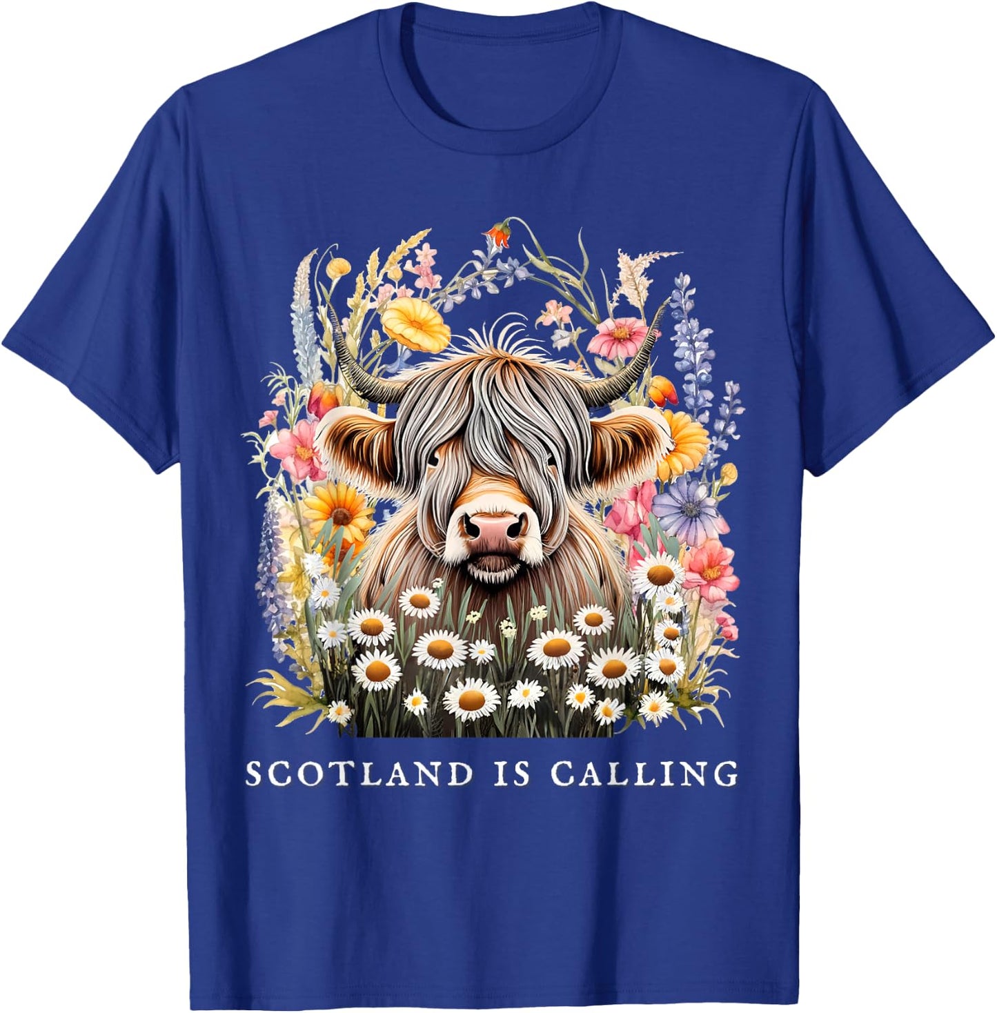 Scotland Is Calling Highland Cow flowers Scottish Vacation T-Shirt - T-Shirt | Royal