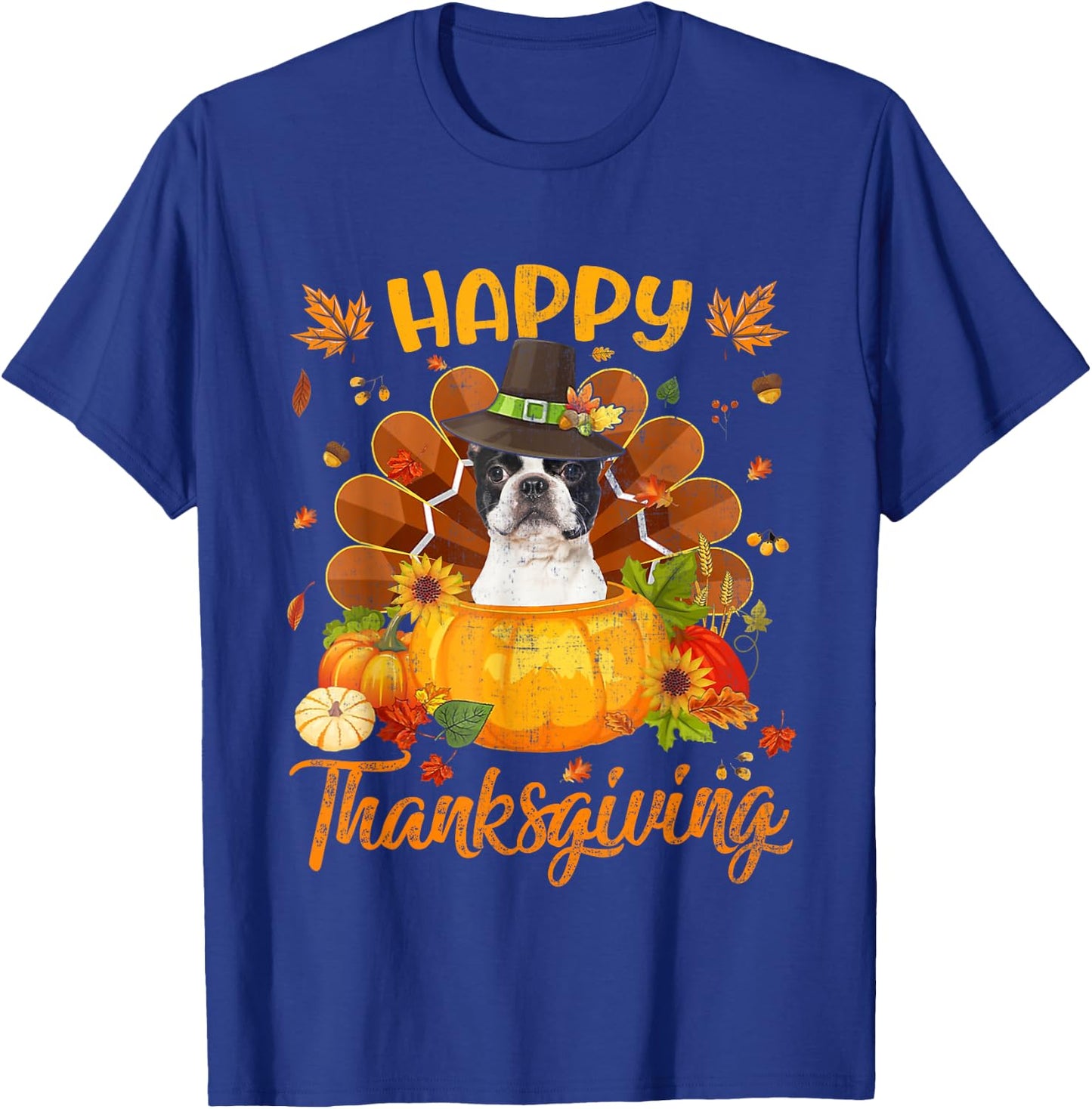 Happy Thanksgiving Boston Terrier Dog Turkey Pumpkin T-Shirt - T-Shirt | Royal