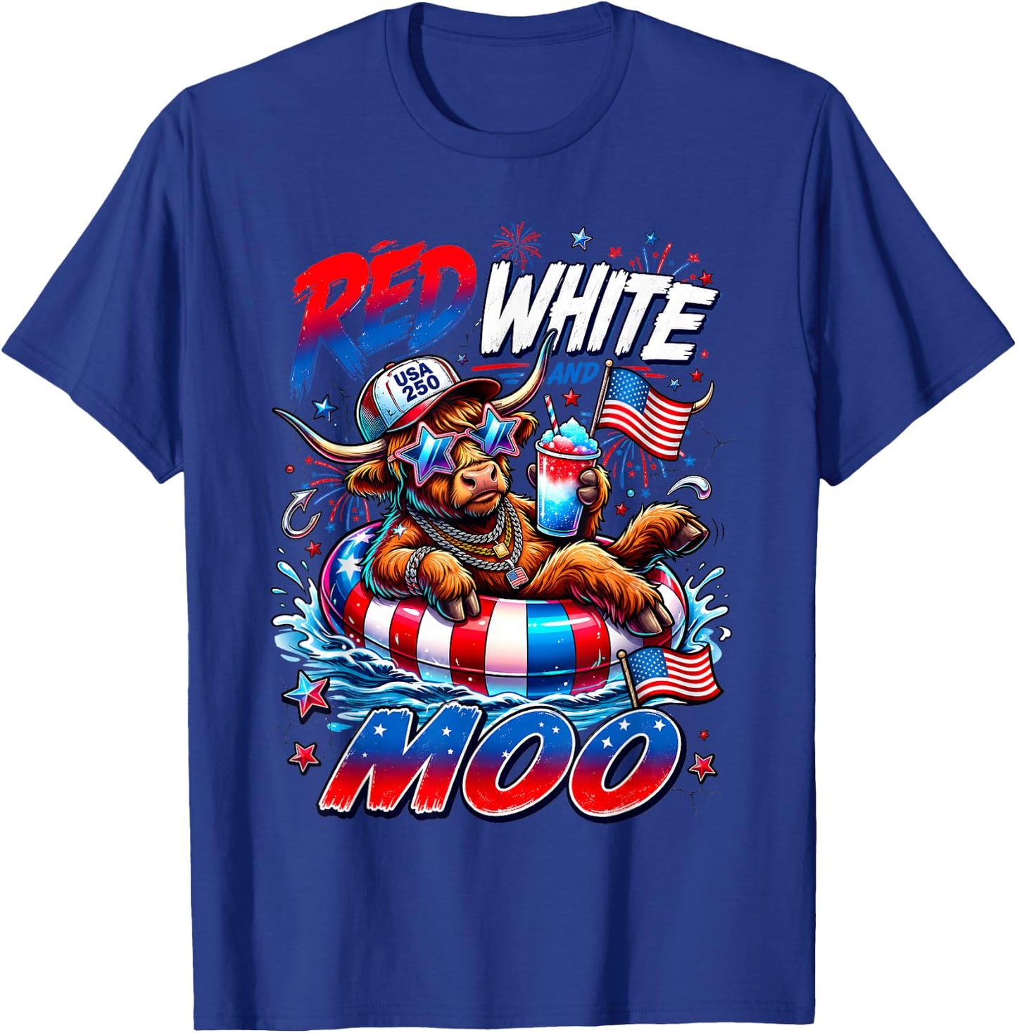 Red White and Moo Highland Cow 4th July 250 Years Patriotic T-Shirt - T-Shirt | Royal